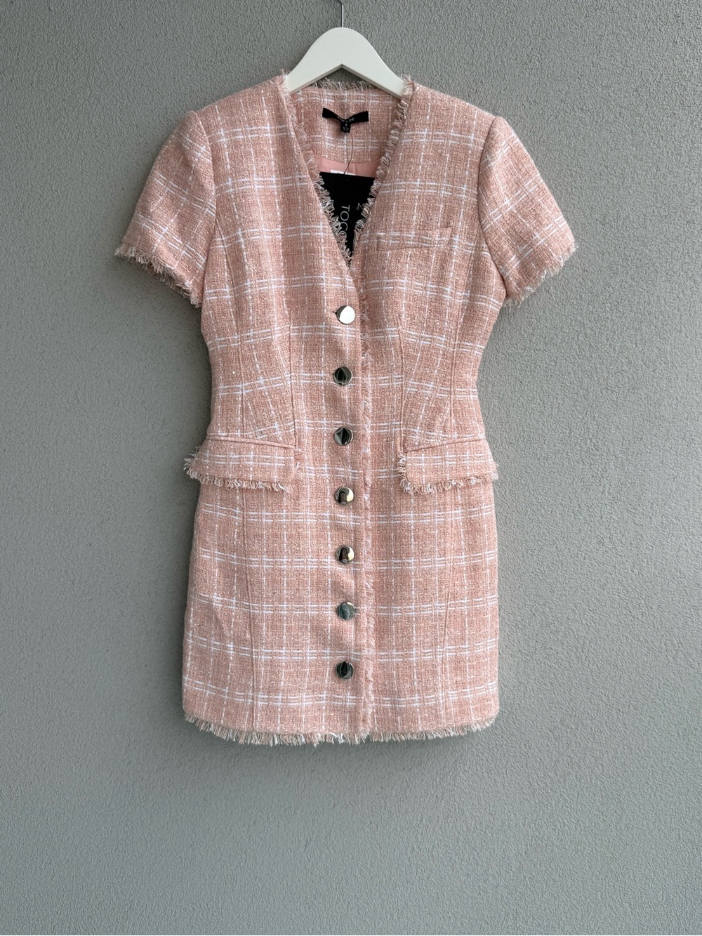 Pink Tweed Midi Dress with Button Front